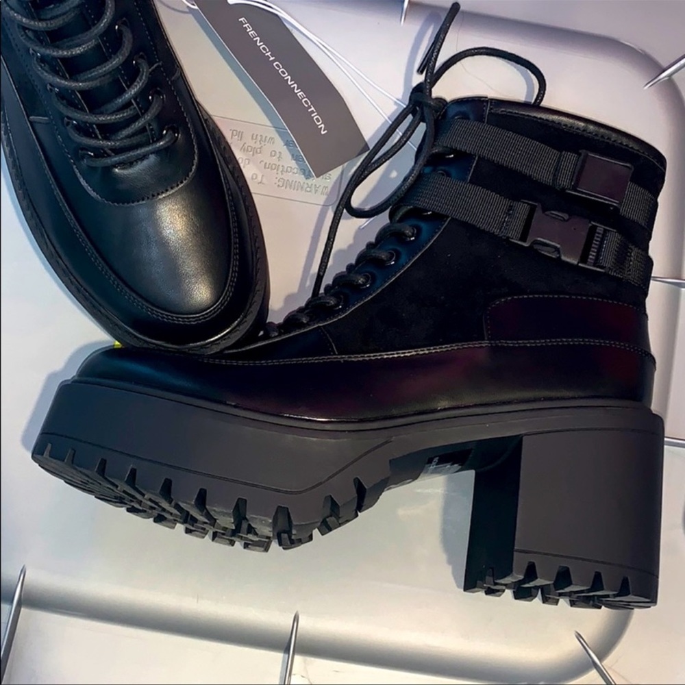 French connection black combat chunky platform lug boots size 10 vegan leather - Picture 3 of 10